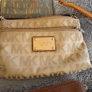 Michael Kors Tan Beige MK Logo Crossbody with Gold Plate